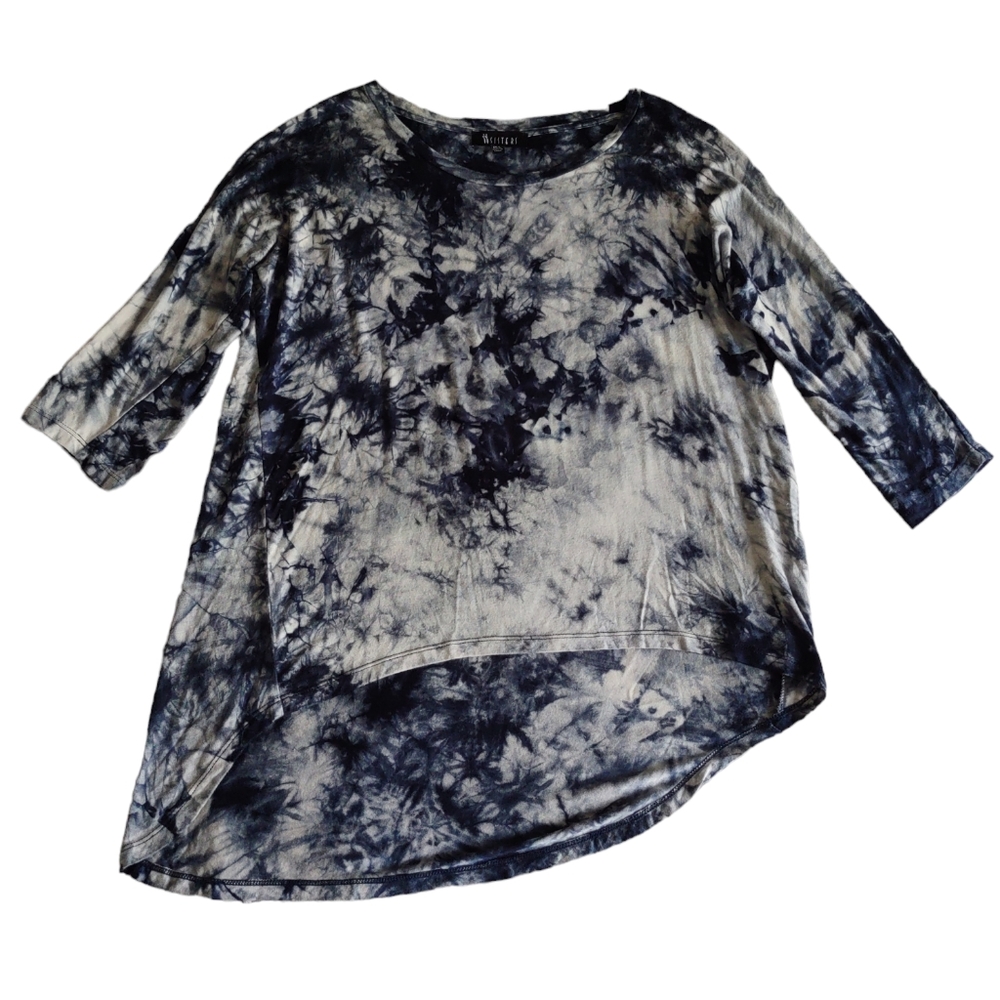 Two Sisters M/L Blue Tie Dye High Low Asymmetrical Hem Quarter Sleeve Tunic Top